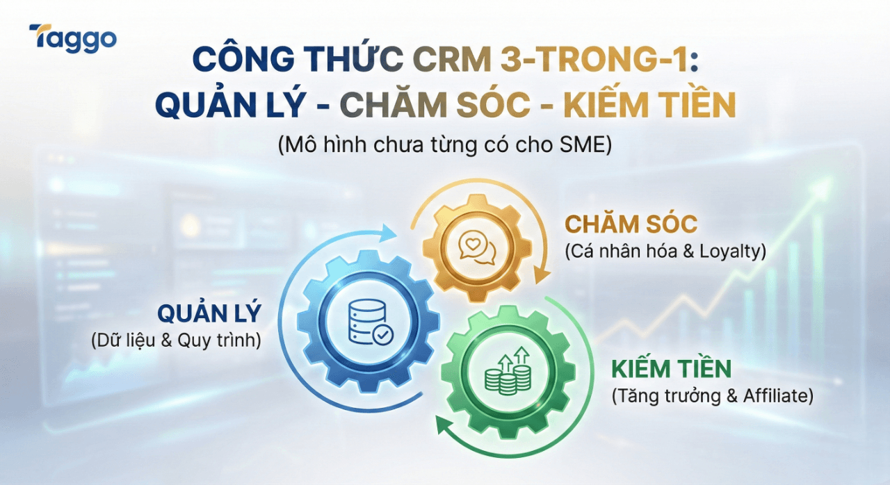 "Công thức CRM 3-trong-1: Quản lý - Chăm sóc - Kiếm tiền (Mô hình chưa từng có cho SME)."